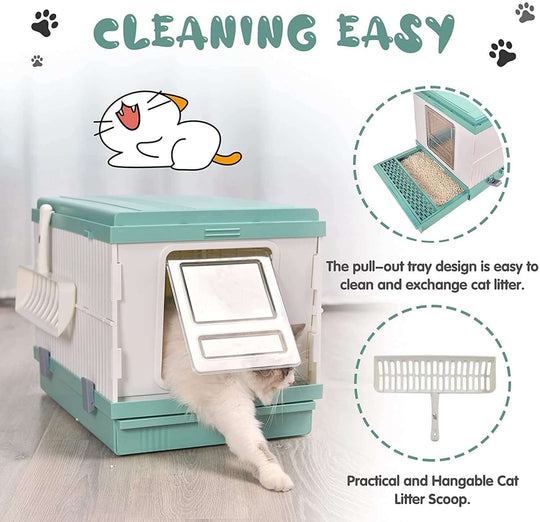 XL Portable Cat Toilet with easy-clean pull-out tray and handy litter scoop, designed for convenience and hygiene.