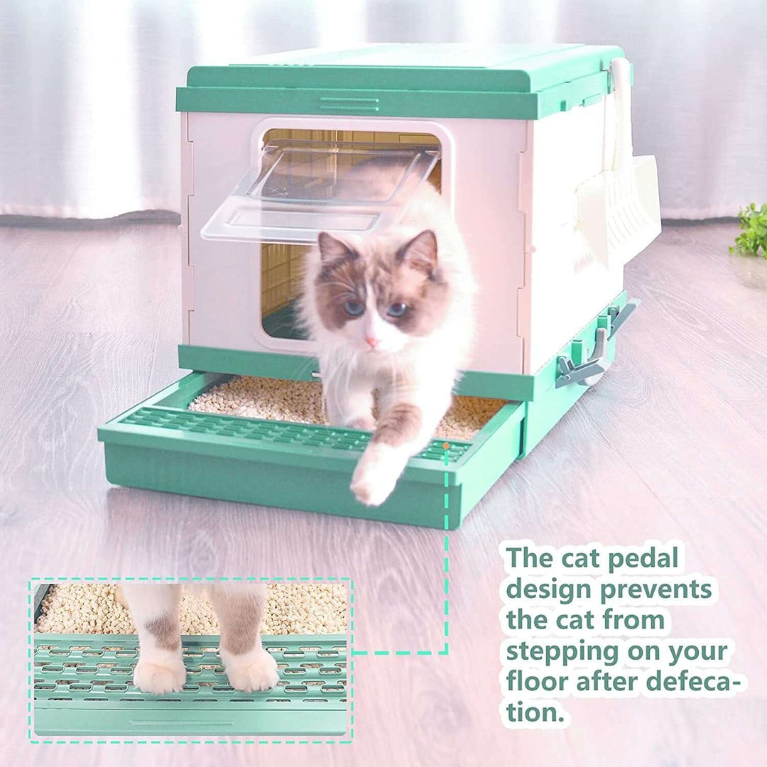 XL Portable Cat Toilet Litter Box with cat stepping on pedal, designed to prevent litter tracking and maintain cleanliness.