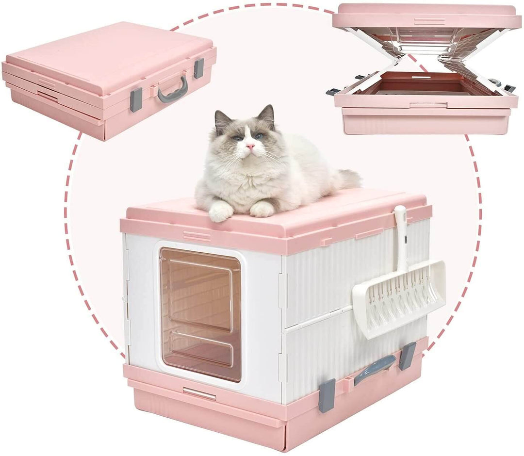 XL pink portable cat toilet litter box with scoop, foldable design, and privacy features for cats, promoting affordable pet care.