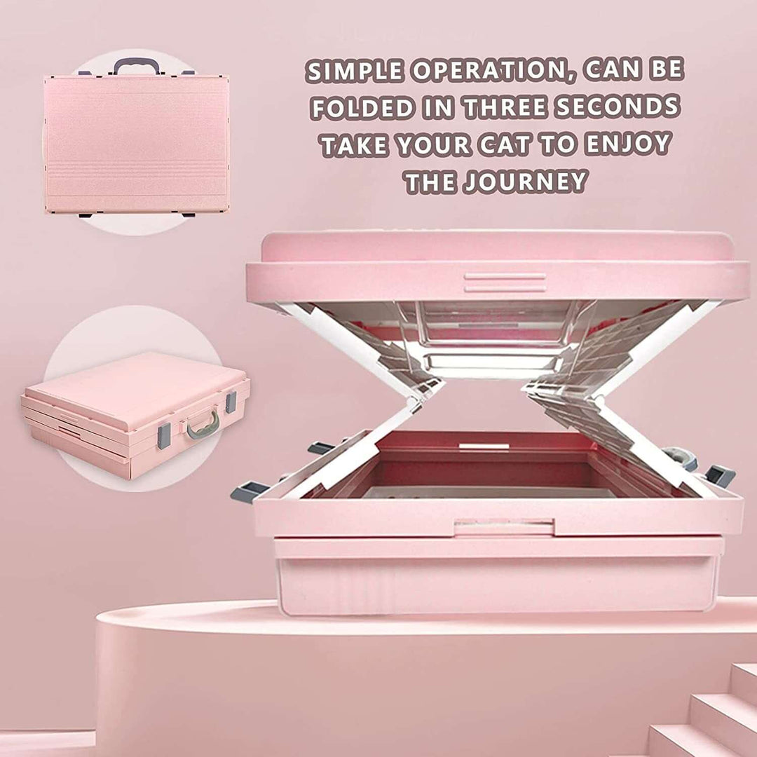 XL portable cat toilet litter box tray in pink, foldable design for easy transport, featuring a convenient handle.