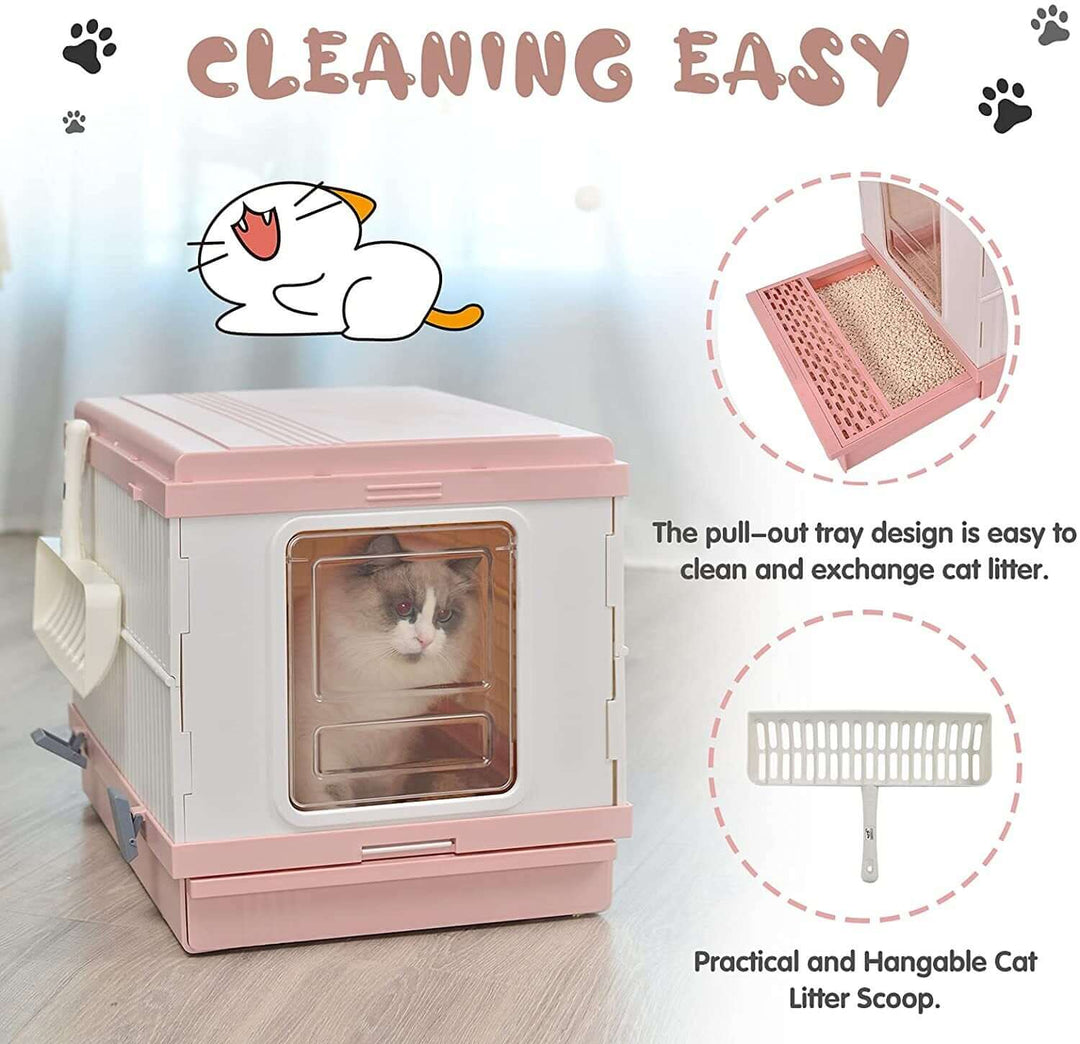 XL pink portable cat litter box with easy-clean pull-out tray and scoop, designed for convenience and odor control.