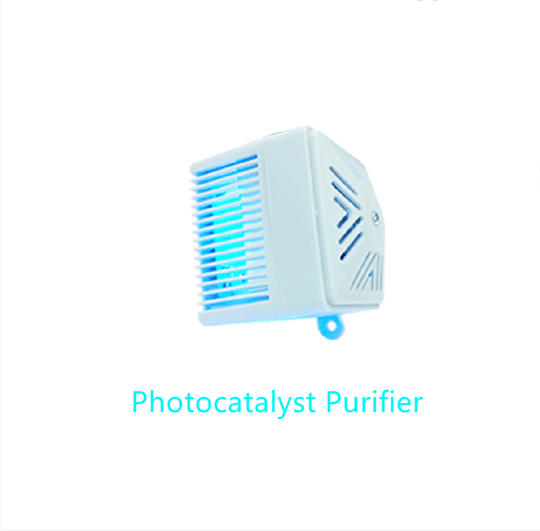 White photocatalyst purifier emitting blue light for improved air quality and odor control.