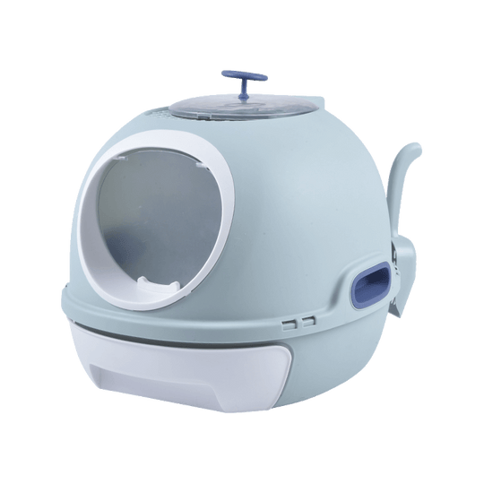 Affordable blue hooded cat litter box with scoop, designed for quality litter containment and odor control.