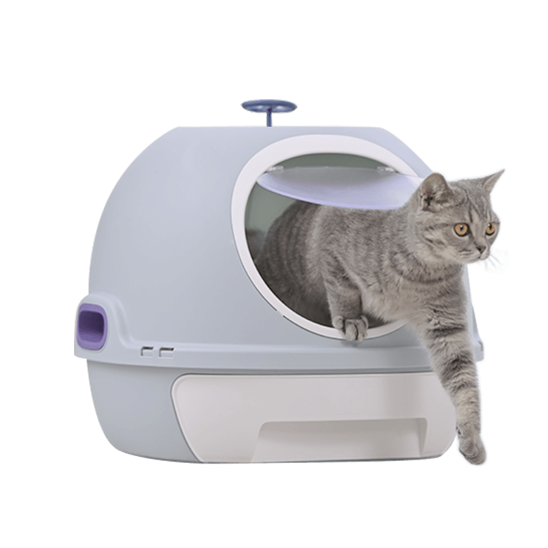 Hooded cat litter box in blue with a gray cat exiting, designed for privacy and reduced litter scatter. Affordable quality pet solution.