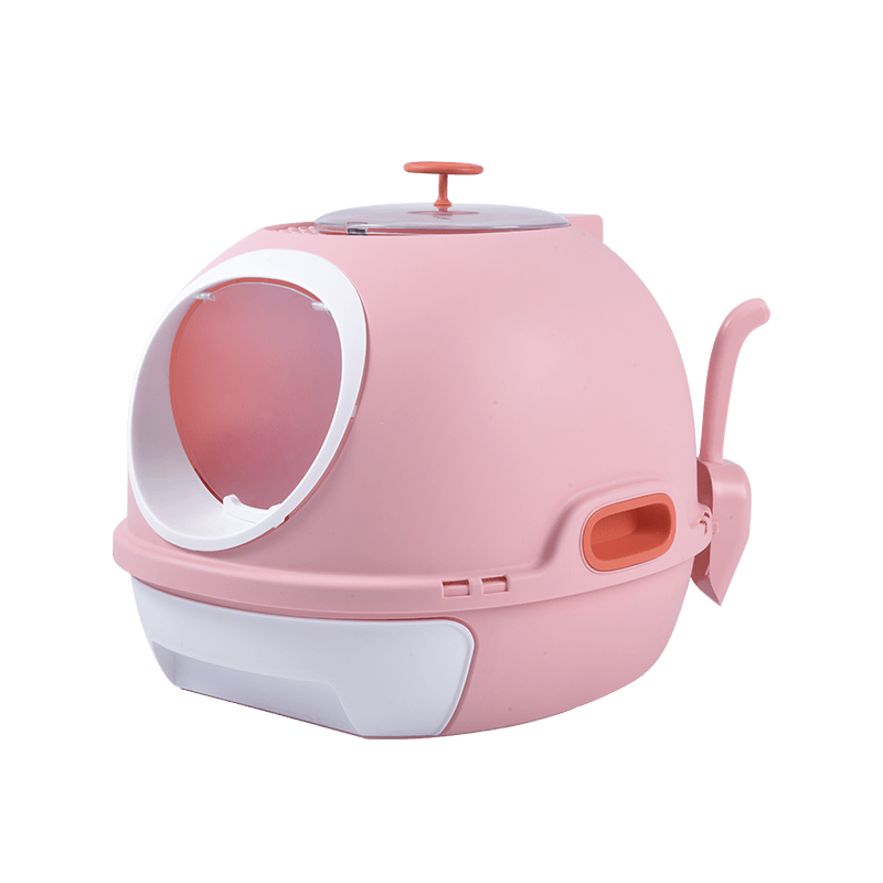 Affordable pink hooded cat litter box tray with drawer and scoop, designed for privacy and litter control.