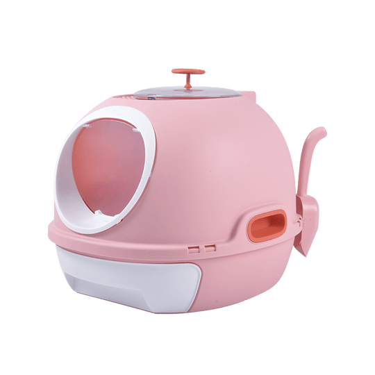 Affordable pink hooded cat litter box tray with drawer and scoop, designed for privacy and litter control.