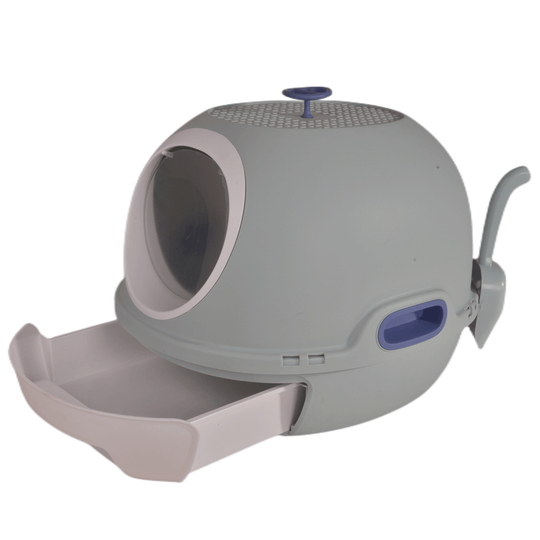 YES4PETS hooded cat toilet litter box tray in blue with drawer and scoop, designed for quality, privacy, and odour control.