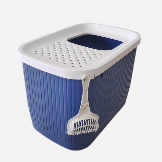 YES4PETS XXL top entry cat litter box in dark blue with included scoop for easy cleaning and minimal mess.