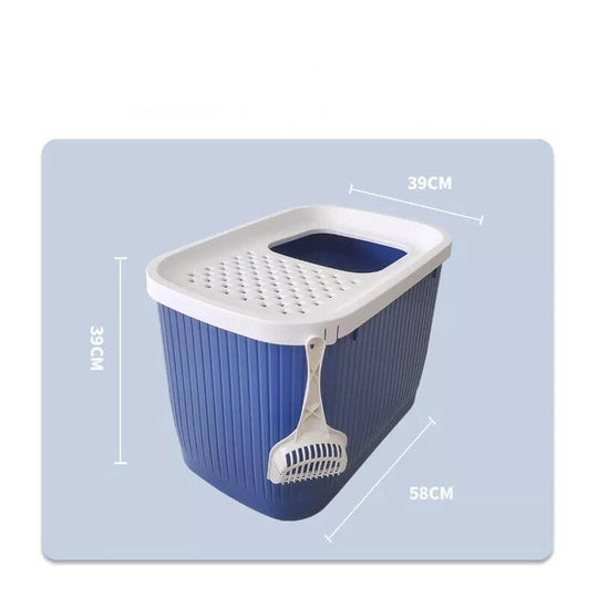 YES4PETS XXL top entry cat litter box in dark blue, measuring 39cm x 58cm, includes scoop for easy cleaning.