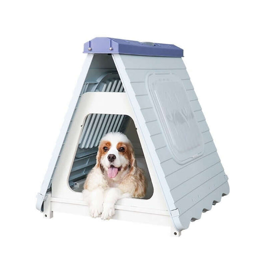 Small foldable plastic pet house in blue with a dog lounging inside, ideal for small pets, affordable and easy to assemble.