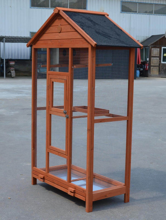 Quality XXL wooden bird cage with grey asphalt roof, ideal for small to medium birds, suitable for indoor and outdoor use.