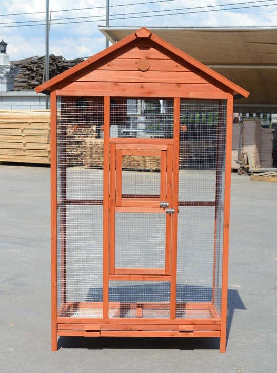 Affordable DIY wooden aviary carrier for small birds, featuring fir wood and mesh wire construction.