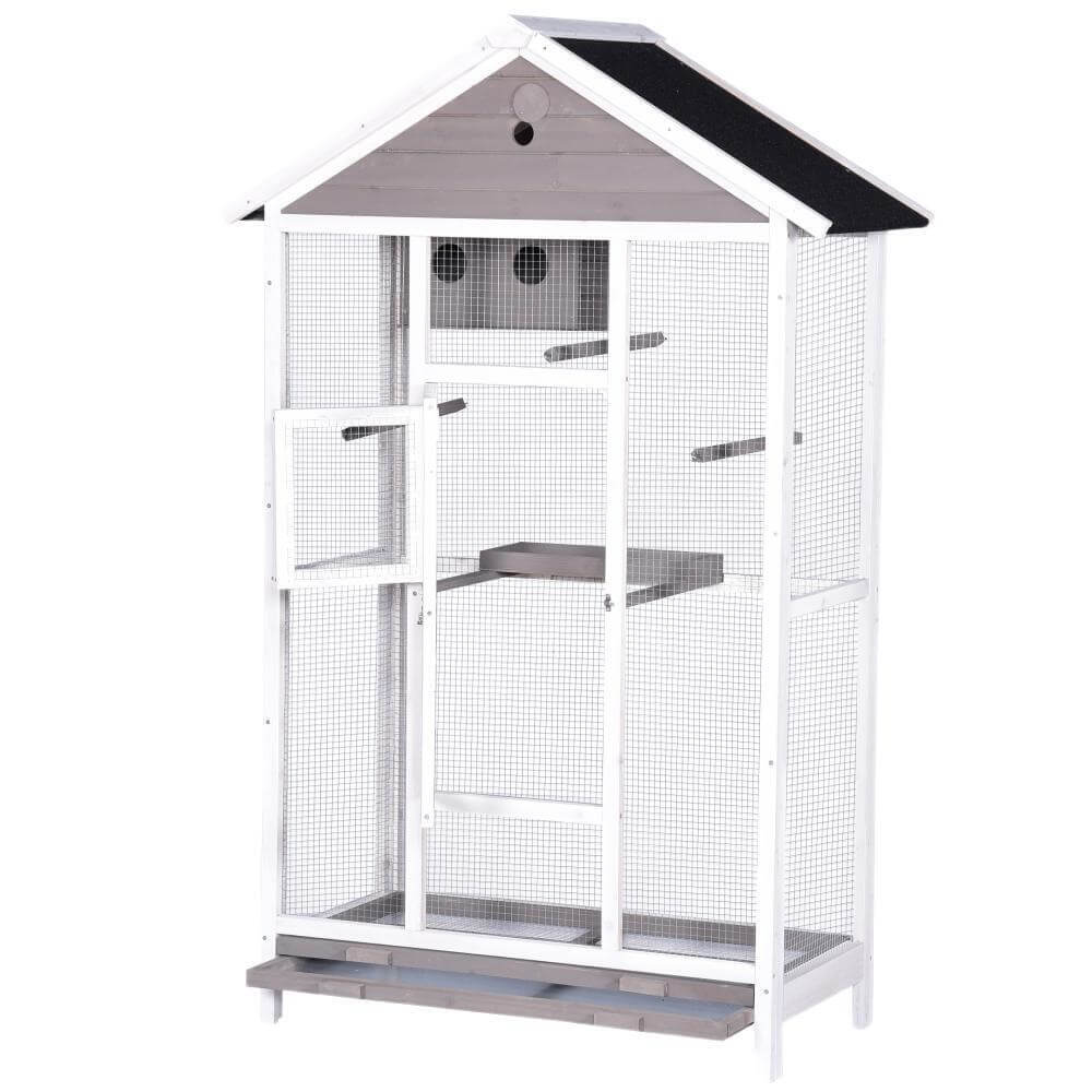 YES4PETS Wooden XXL Pet Cage for canaries & parrots, grey, spacious design with three perches for quality pet care.