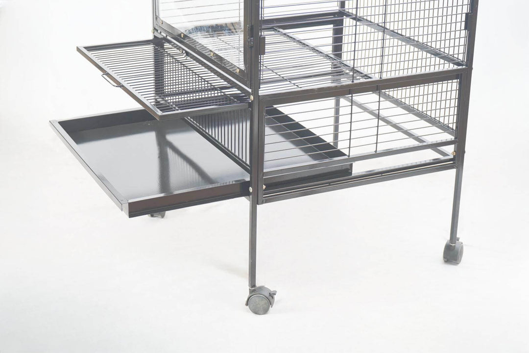 Large bird cage with metal tray on wheels, featuring easy access for cleaning and refilling.