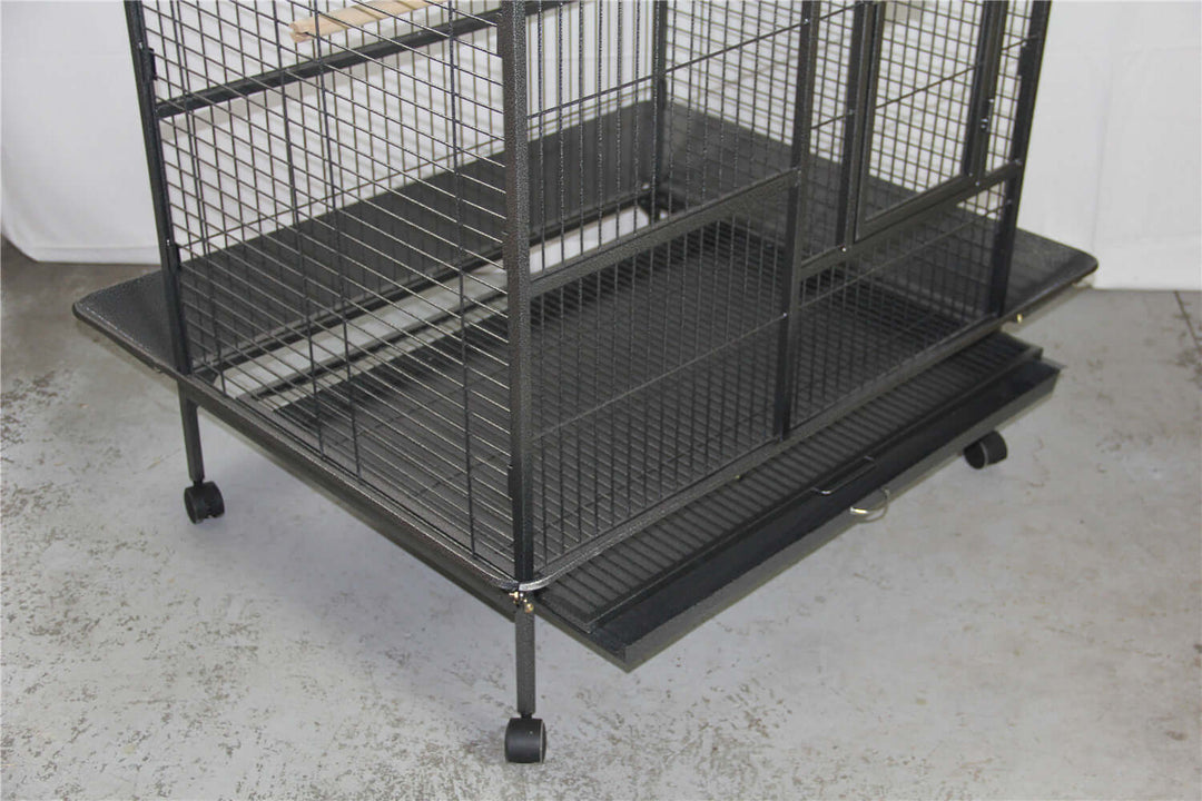 Affordable and quality XL bird cage with castor wheels for easy mobility and access to pets.