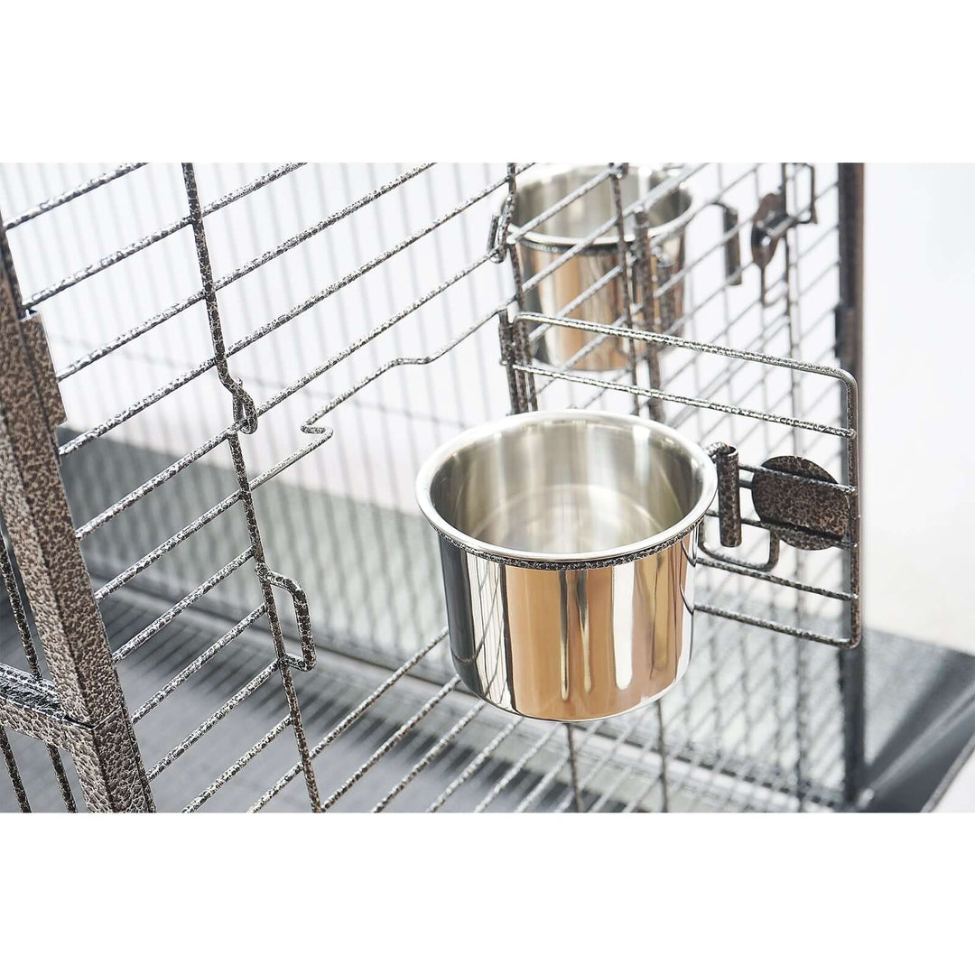 Stainless steel feeding bowl in YES4PETS XL Bird Cage designed for medium and large parrots, showcasing quality and affordability.