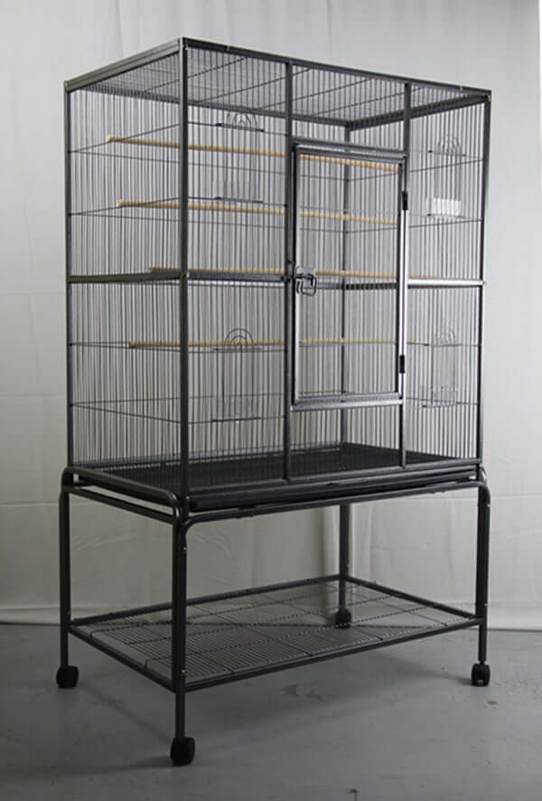 Affordable large bird cage for parrots and budgies with stand, featuring wooden perches and removable tray.