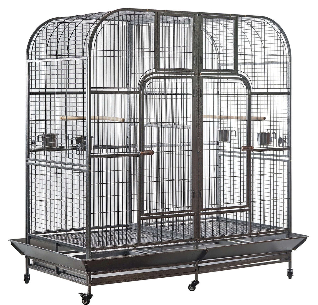 Affordable and quality XXXL 185 cm bird cage for parrots with removable divider and lockable castor wheels.