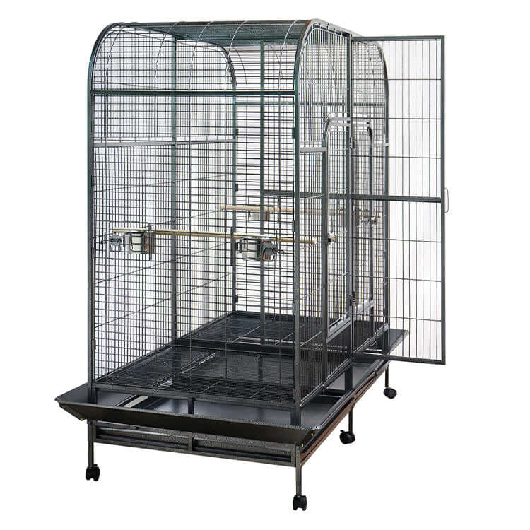 XXXL 185 cm bird cage for parrots, featuring removable divider, castor wheels, and large access doors.