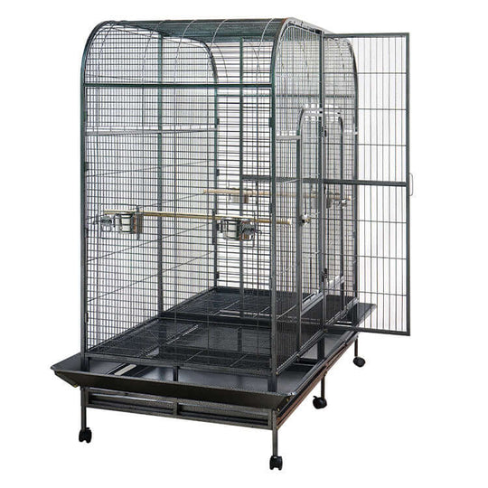 XXXL 185 cm bird cage for parrots, featuring removable divider, castor wheels, and large access doors.