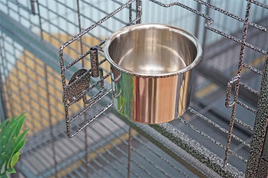 Stainless steel food bowl attached to a bird cage, showcasing quality and functionality for pet care.