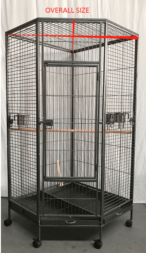 Large corner bird cage for parrots with overall size marking, featuring castor wheels for easy mobility.