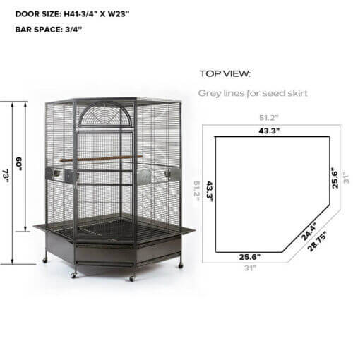 YES4PETS XXL Corner Bird Cage dimensions and design details for pet parrots and aviaries.