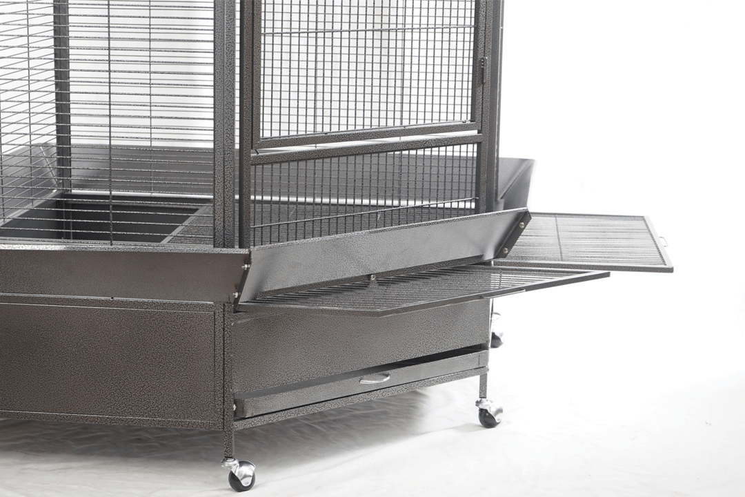 Close-up of YES4PETS XL Corner Bird Cage features including spacious design and easy-access doors on castor wheels.