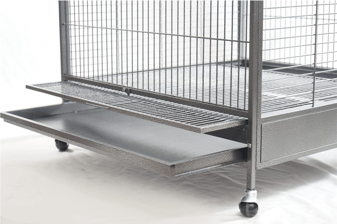 YES4PETS XXL macaw aviary cage detail with pull-out tray and wheels for easy mobility.