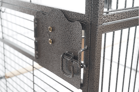 Close-up of YES4PETS bird cage latch and lock, showcasing durable wrought iron and quality design.