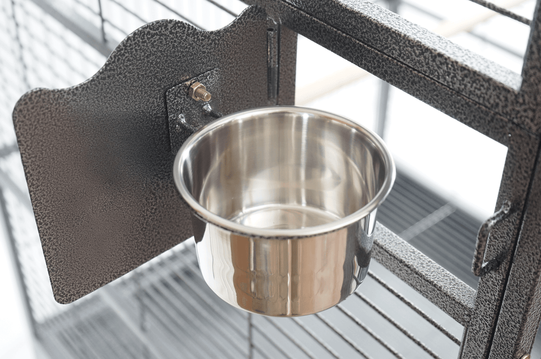 Close-up of stainless steel food and water bowl mounted on YES4PETS XXL pet cage, designed for easy access and convenience.