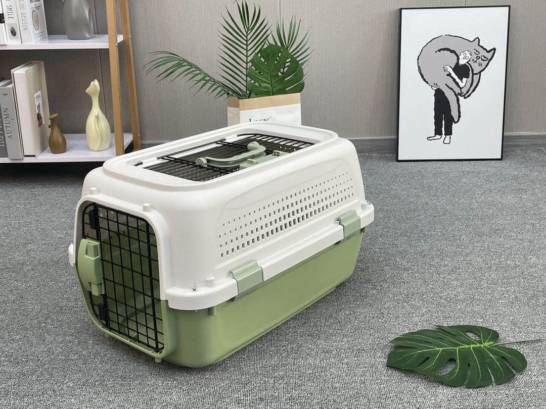 Affordable green pet carrier crate for small dogs, cats, and rabbits with a lightweight and durable design.