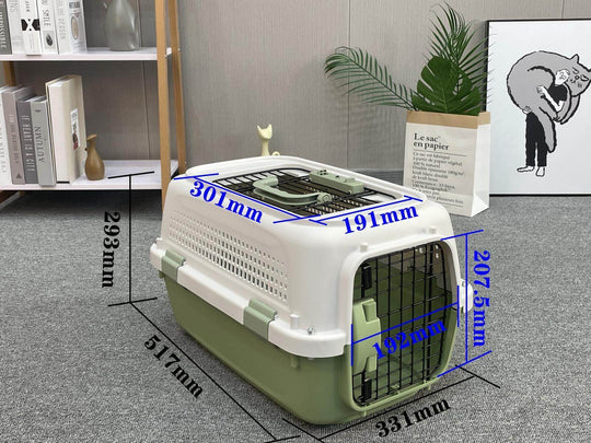 Lightweight green pet carrier crate for small dogs, cats, and rabbits with dimensions and features for easy transport.