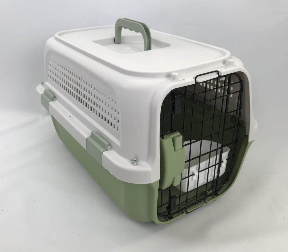 Affordable green pet carrier for small dogs, cats, and rabbits with secure design and ergonomic handle.