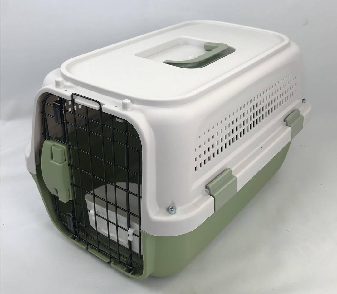 Affordable grey and green pet carrier for dogs, cats, and rabbits with ergonomic handle and ventilation slots.