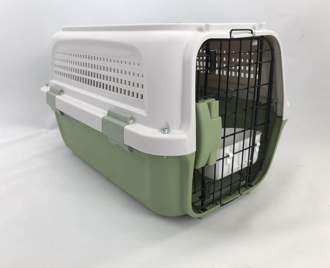 Affordable medium pet carrier for dogs, cats, and rabbits in grey and green with secure metal door and ventilation.