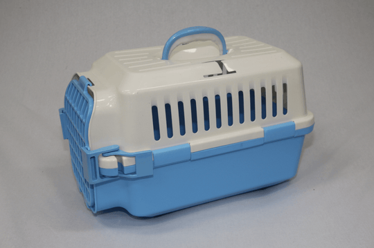 Affordable blue pet carrier for small dogs and cats, with ergonomic handle and spacious design for travel.