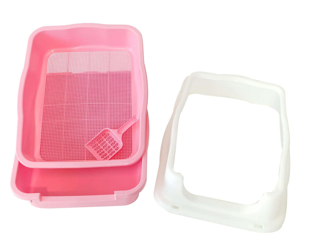 YES4PETS large pink cat litter tray with high walls, grid insert, and scoop for reduced litter tracking.