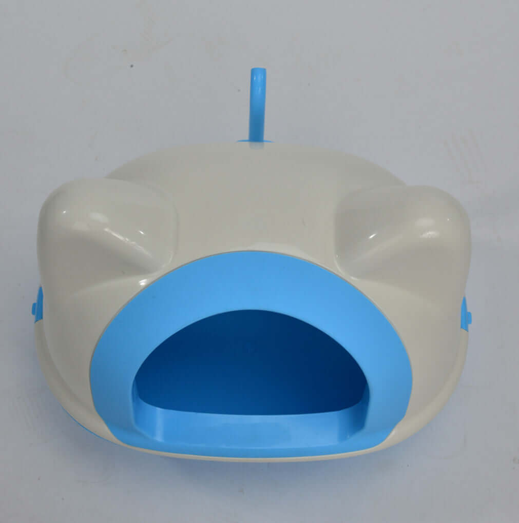 Large hooded cat litter box in blue and white, designed for privacy and easy access. Affordable DIY pet solution.