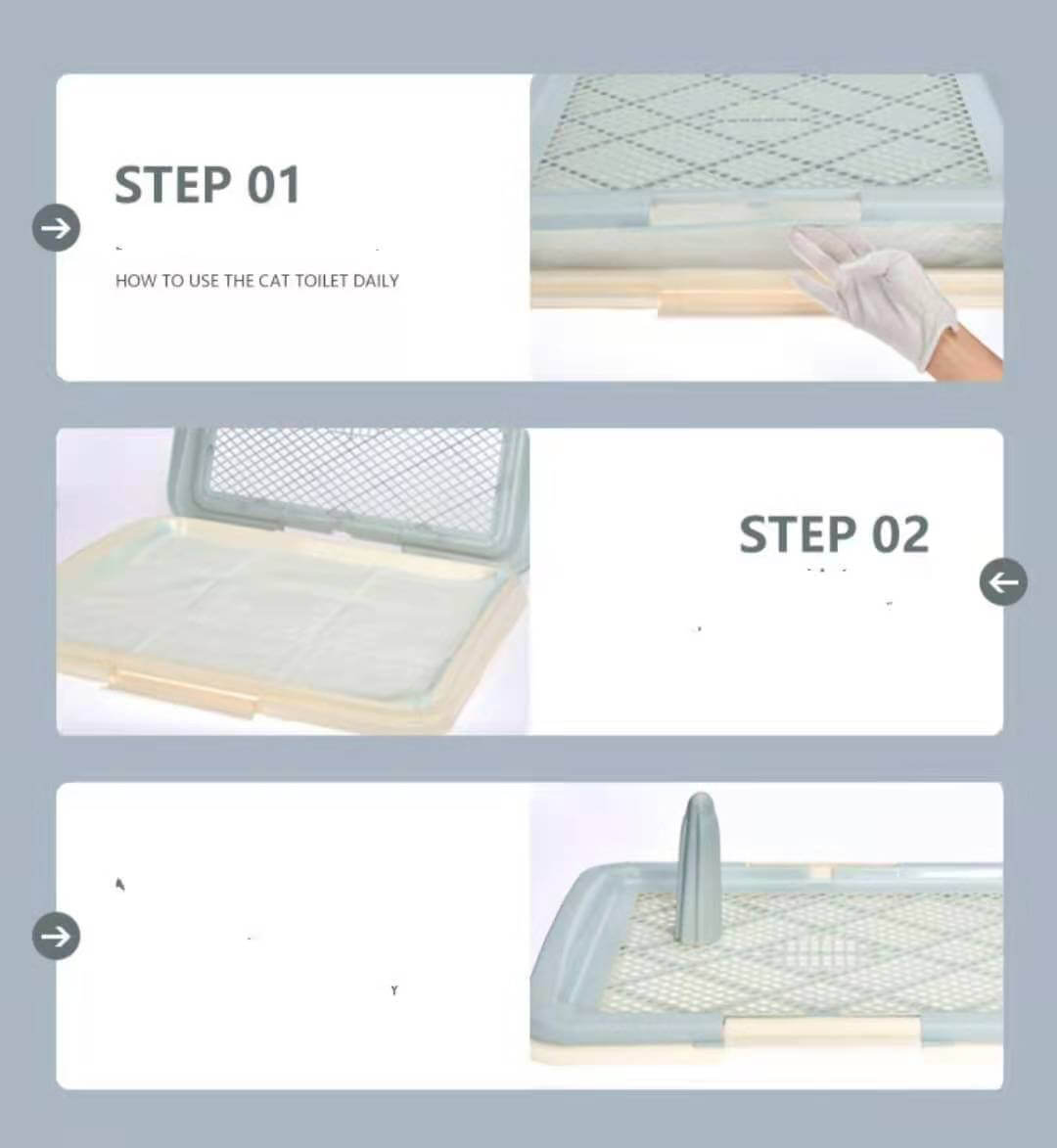 Step-by-step instructions for using a portable cat toilet training tray with grid for easy cleaning.