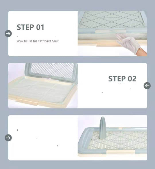 Step-by-step instructions for using a portable cat toilet training tray with grid for easy cleaning.