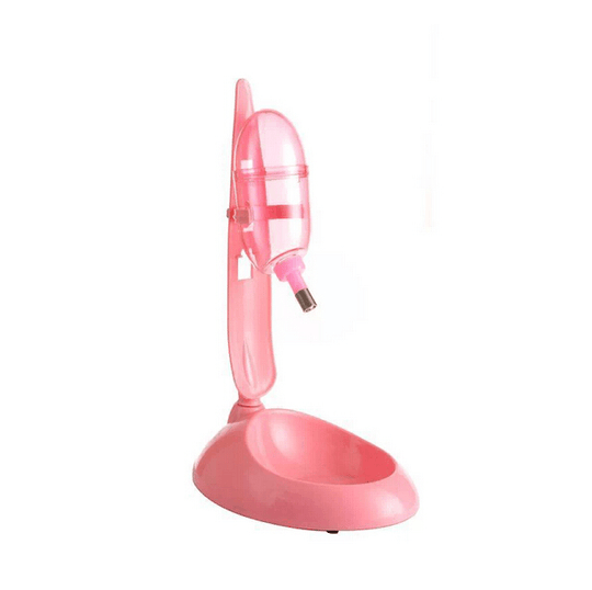 Pink water and food feeder dispenser for dogs, cats, and small pets, adjustable height and easy to clean.