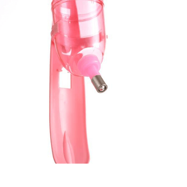 Pink water dispenser bottle for pets, adjustable height, durable and non-toxic feeder.