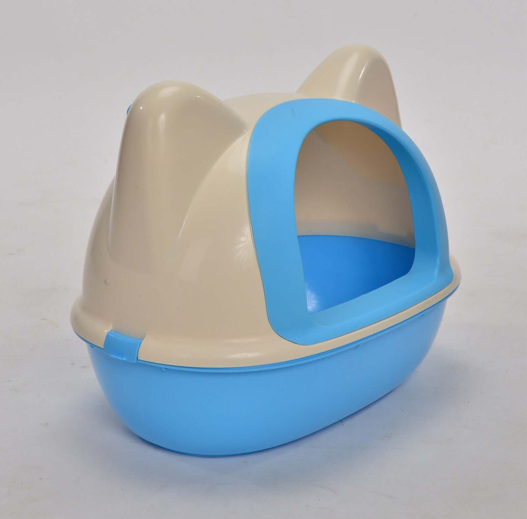 YES4PETS medium hooded cat litter box in blue and cream, designed for easy access and litter containment.