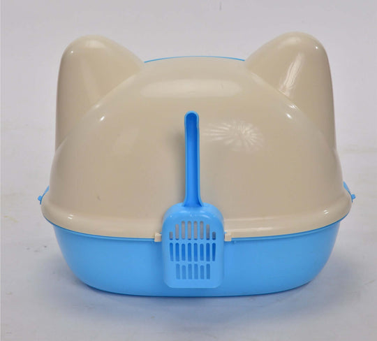 Hooded cat litter box tray in blue with scoop, offering a stylish and clean solution for pet owners. Affordable and quality design.