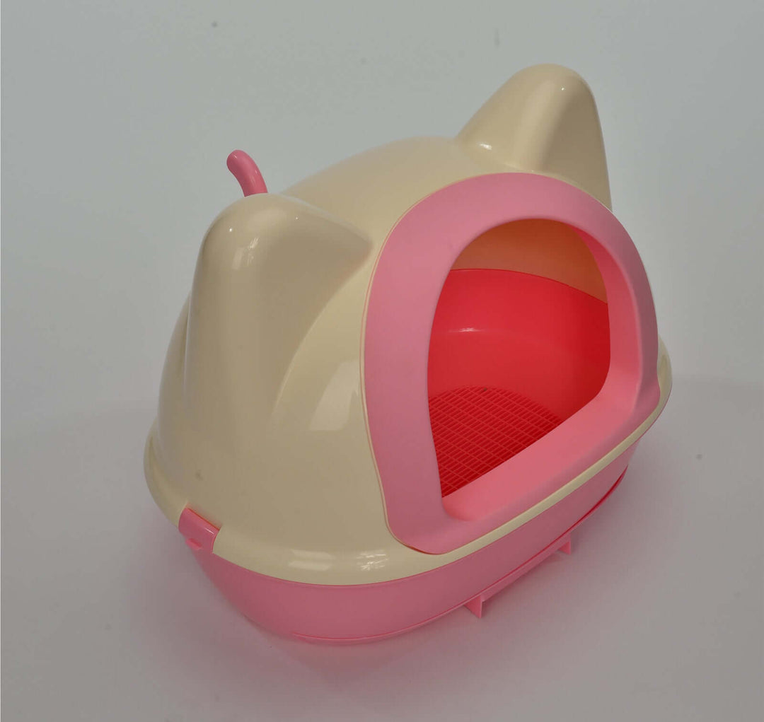 Medium pink hooded cat litter box tray with scoop, offering privacy and litter containment for pets. Affordable DIY solution.