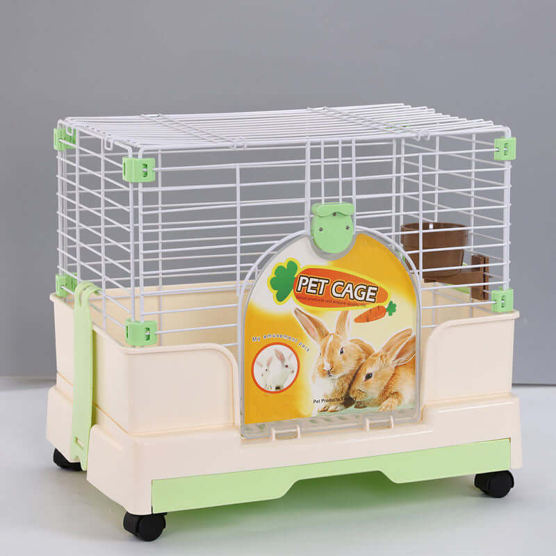 Affordable small green pet rabbit cage with potty tray and wheel, ideal for guinea pigs and other small pets.