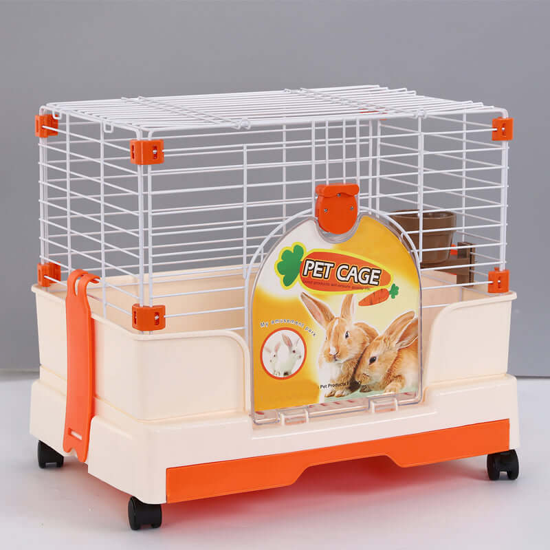 Affordable small orange pet rabbit cage with potty tray and wheel for easy cleaning and transportation.