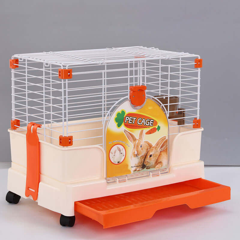 Small orange pet rabbit cage with potty tray and wheel, ideal for guinea pigs, affordable and durable.