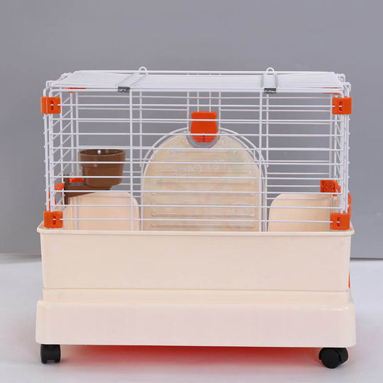 Affordable small orange rabbit cage with potty tray and wheel, perfect for guinea pigs and pet owners.